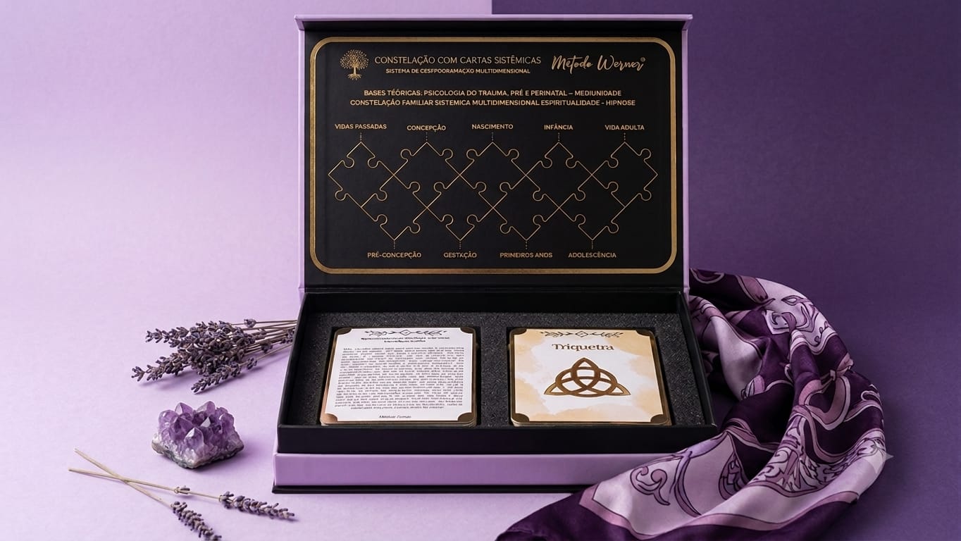 Caixa elegante com cartas sistêmicas, cristais e lavandas em fundo lilás