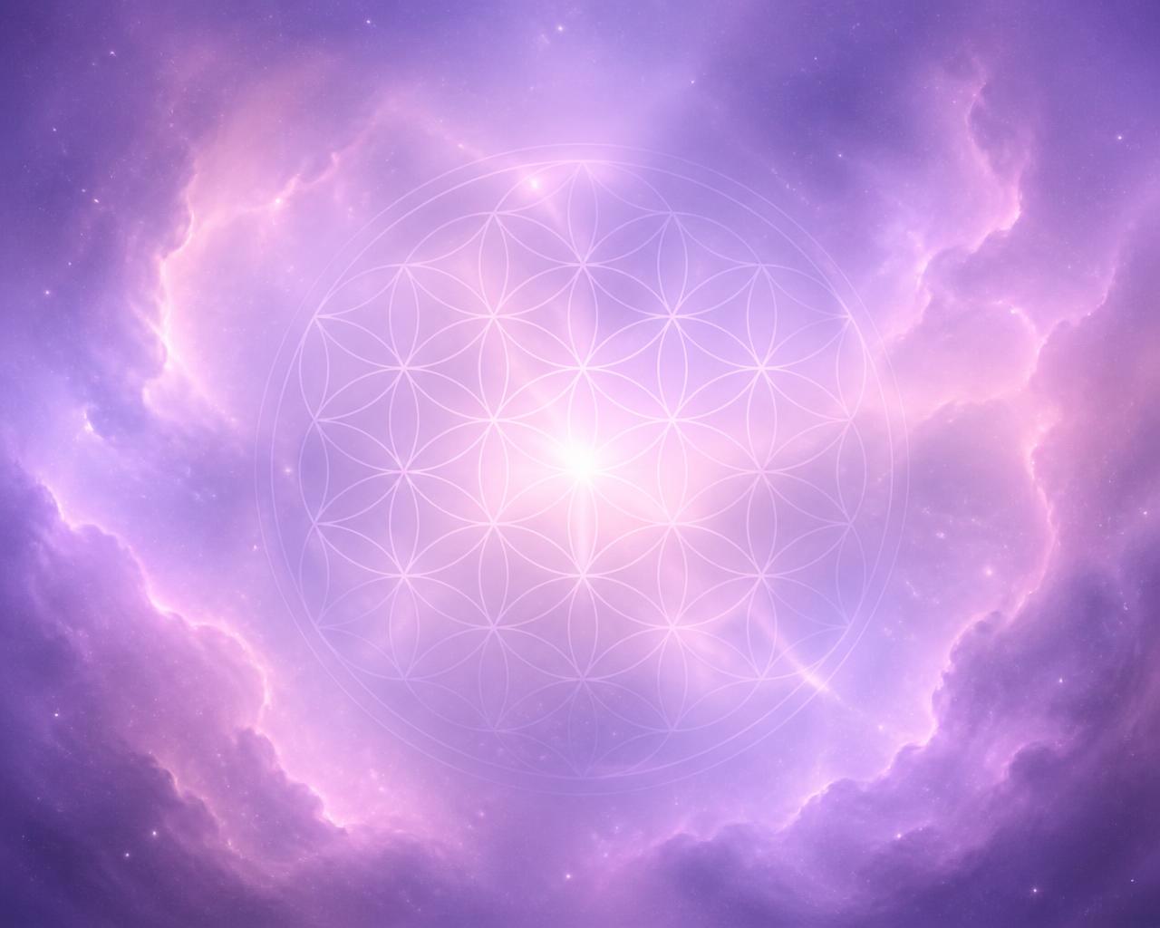 Campo de energia lilás com geometria sagrada e estrelas
