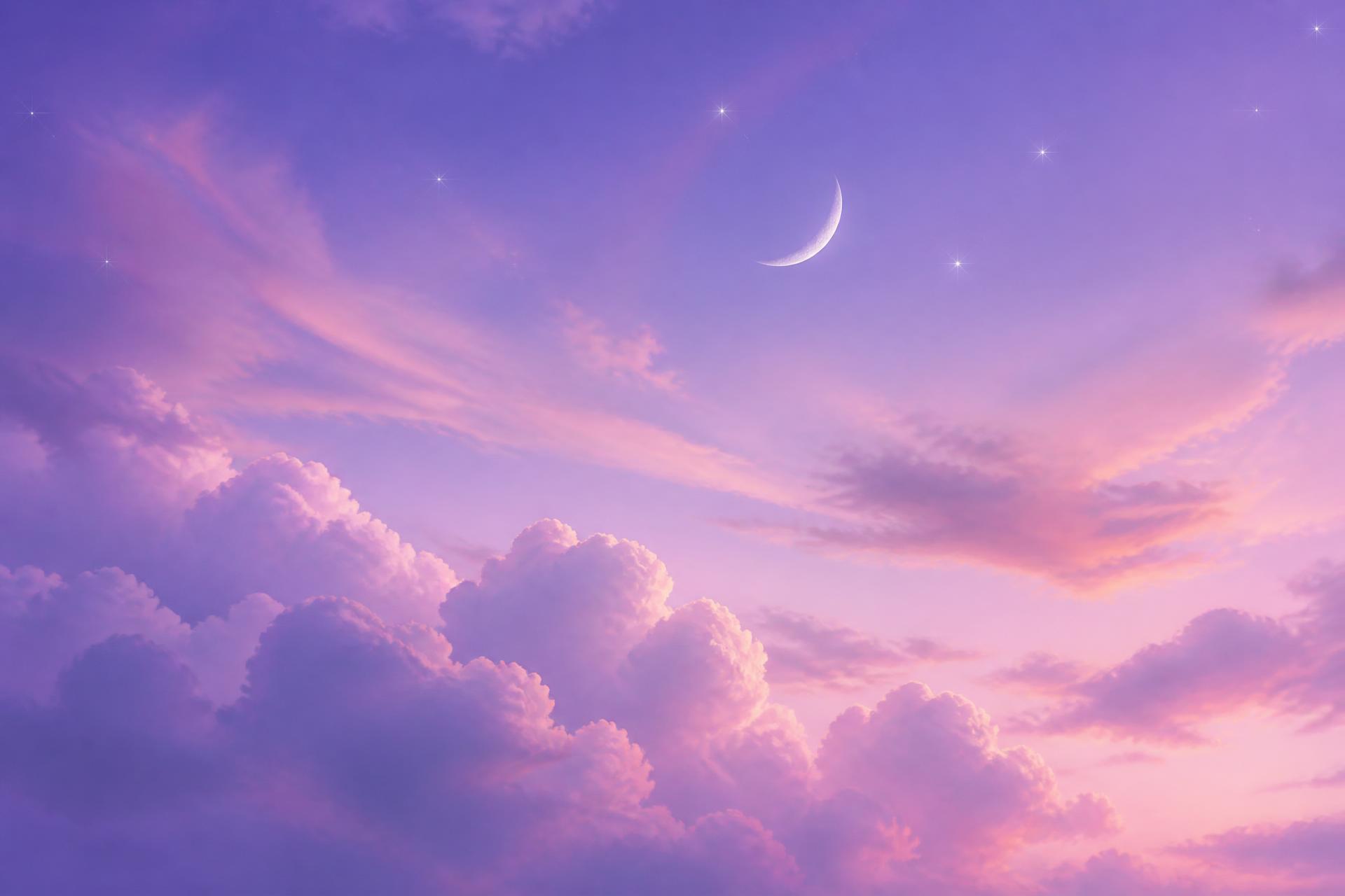 Céu lilás ao entardecer com lua crescente e estrelas