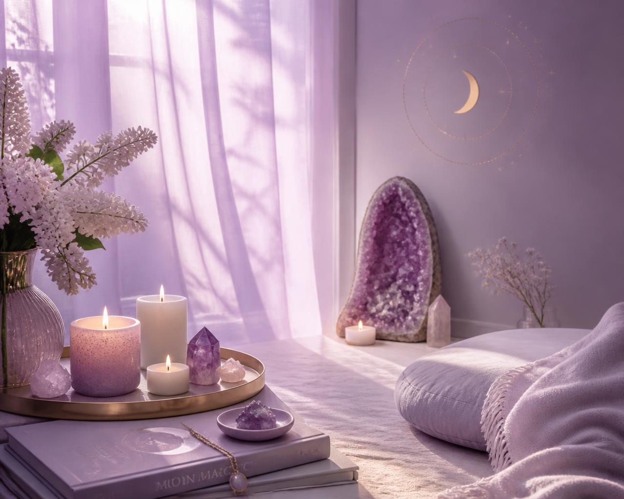 Cantinho terapêutico em tons de lavanda com velas, cristais e luz suave